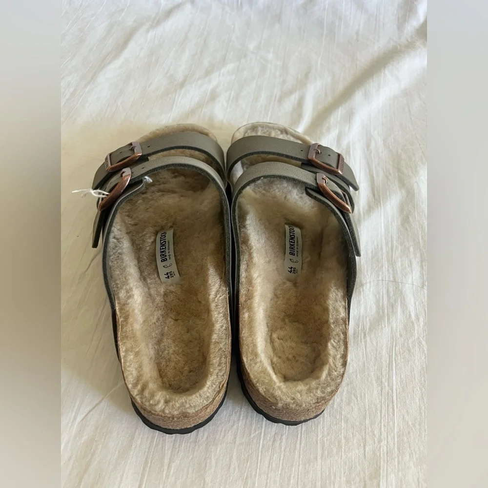 New Birkenstock Arizona shearling sandals mens 11 11.5 eu 44 taupe suede
